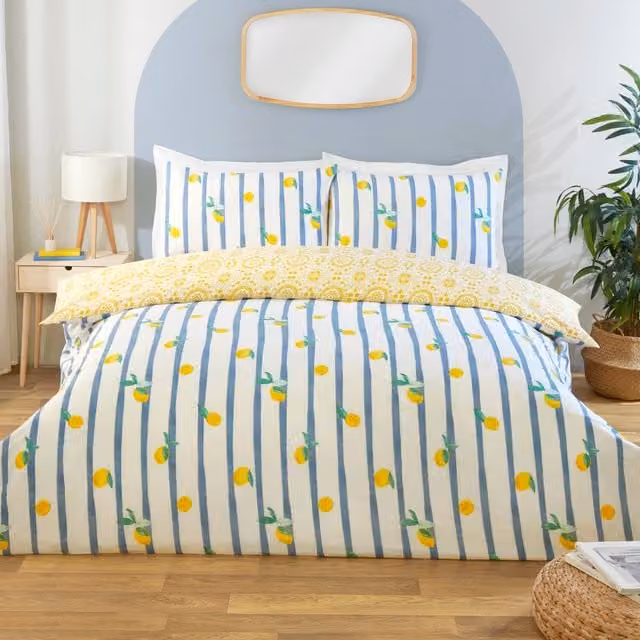 Divante Sorrento Striped Reversible Duvet Cover Set, Yellow, W: 180 cm x L: 200 cm