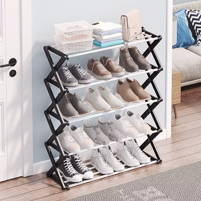 Livingandhome Foldable Metal Multi-Tier Shoe Rack in Black, Width: 70.2 cm