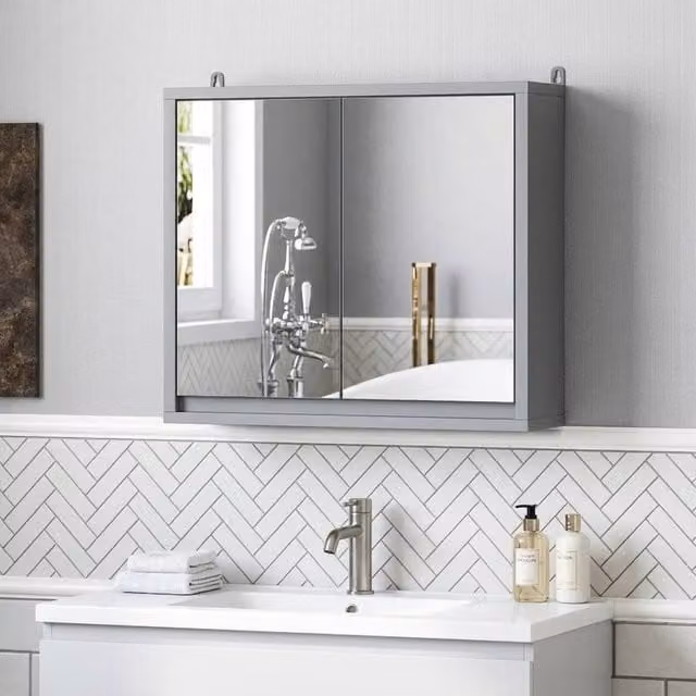 STILVORA Modern Wall Mounted Bathroom Mirror Cabinet in Matt Grey with Internal Shelves – 1