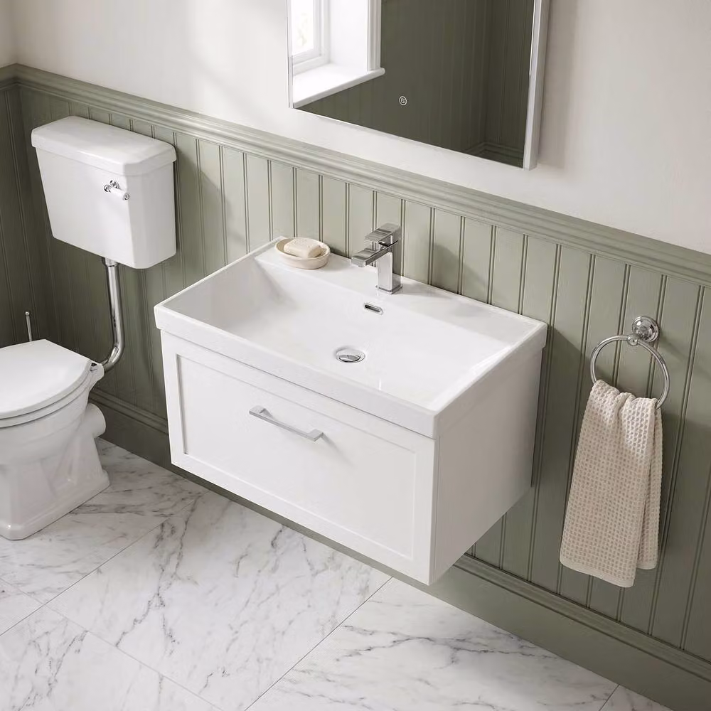 Balterley Stonnall Wall Mounted 1 Drawer Vanity and Thin Edge Basin, Matt White, Width: 80 cm – 2