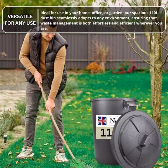 Black 110 L Heavy-Duty Plastic Garden Dustbin with Flip Lid