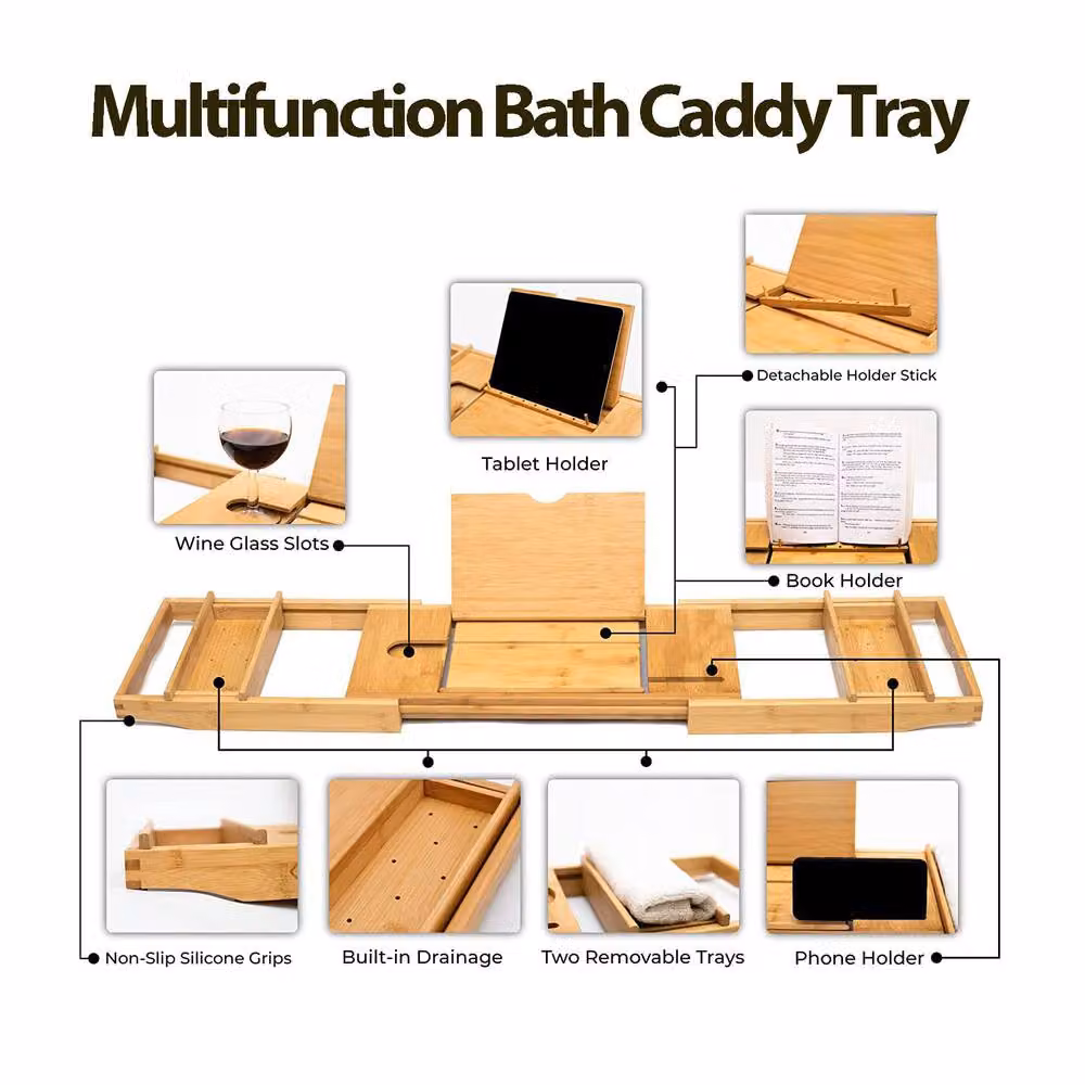 Simpa Bamboo Multifunction Extendable Bathtub Caddy Tray in Beige – 2