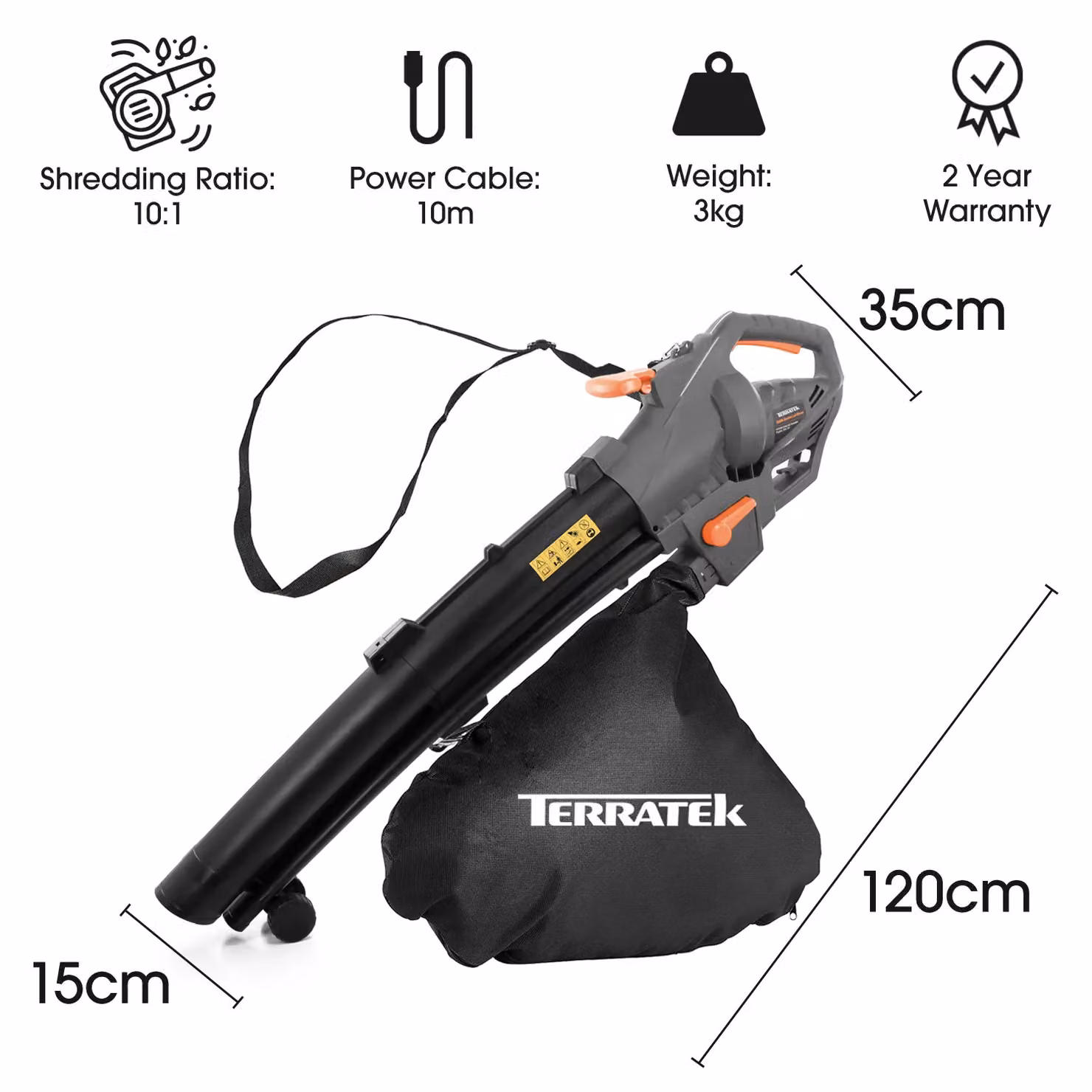 Terratek 3000W Corded Leaf Blower and Vacuum, 3-in-1 Mulcher with 35L Bag, Grey – 5