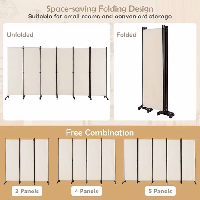 Kelvenix 6-Panel Folding Room Divider Rolling Privacy Screen in Cream, H 172 cm x W 300 cm x D 50 cm