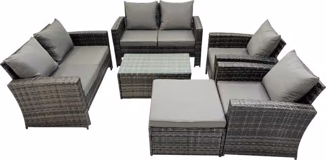 Fimous 7-Seater Rattan High-Back Sofa Set with Coffee Table and Ottoman in Dark Grey Mixed