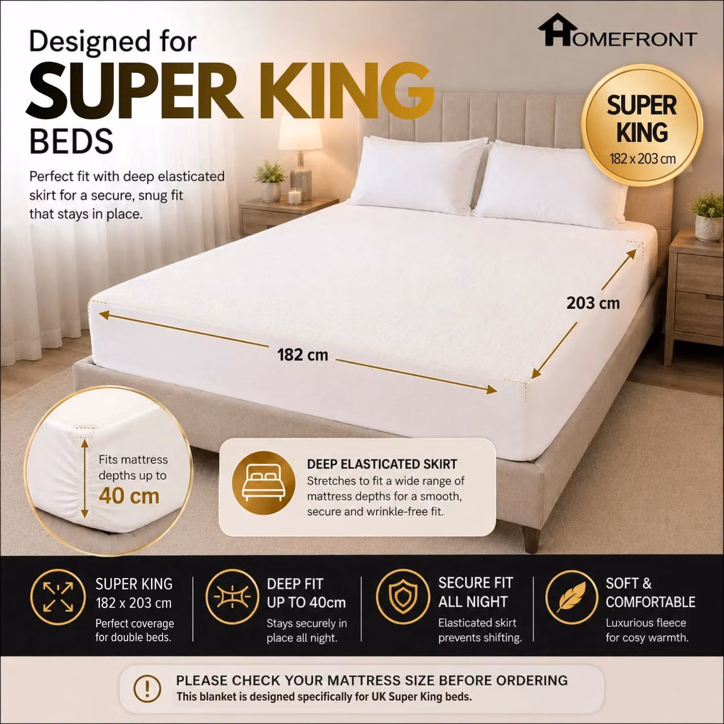 Homefront Super King Fleece Fitted Electric Heated Bed Cover in White, W/D/H: 180 x 200 cm – 2
