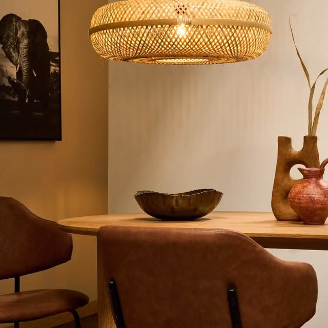 Wyld and Coco Round Boho Pendant Lamp with Handwoven Natural Bamboo Shade in Brown and Beige