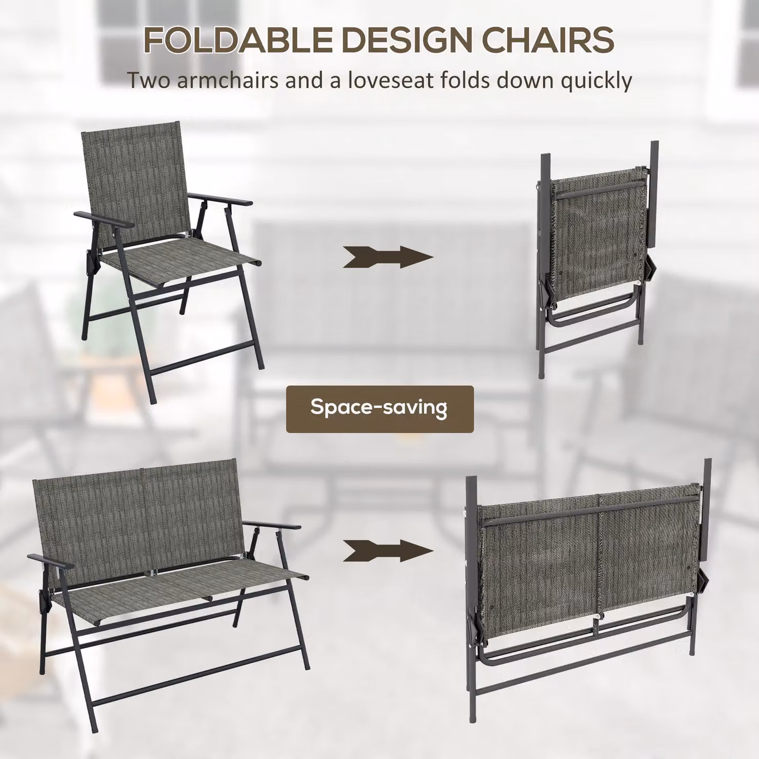 OUTSUNNY Brown and Grey Modern Patio Furniture Set with Table, Foldable Chairs and Loveseat – 3