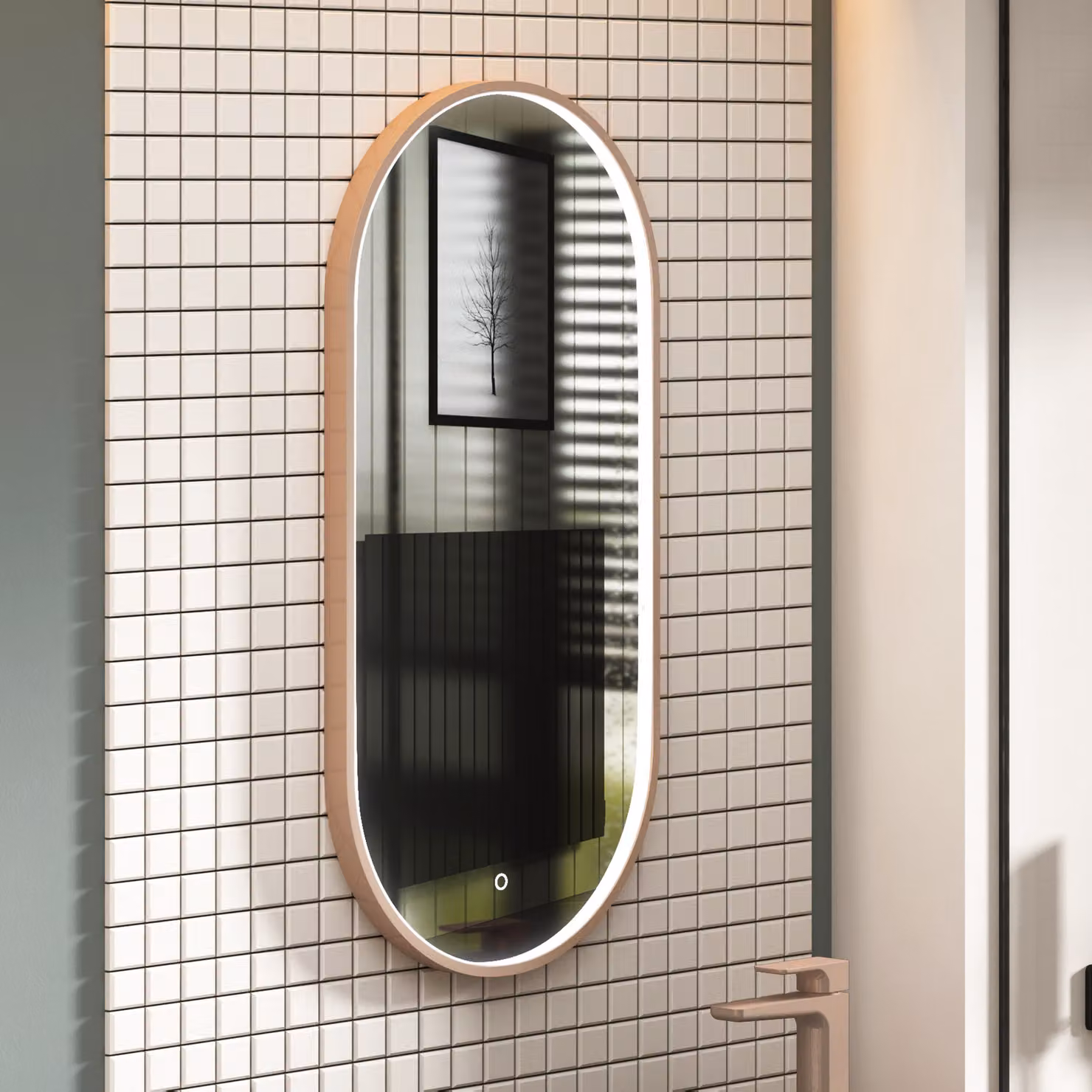 Royal Bathrooms Luxor Capsule Mirror with Brushed Bronze Frame, LED Light, Touch Sensor and Demister Pad, W: 45 cm, H: 90 cm