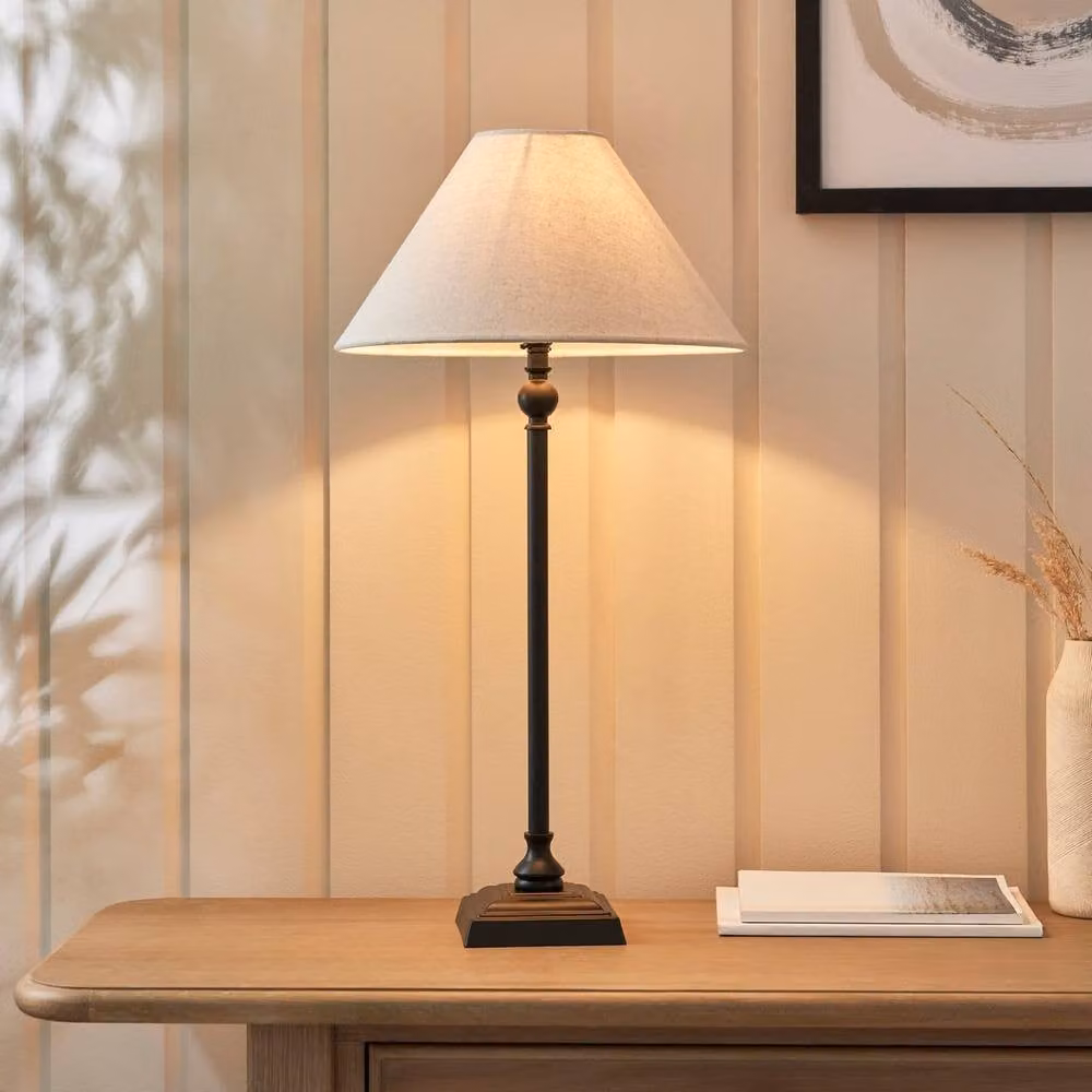 Netlighting Lille Table Lamp with Round Tapered Shade in Matt Black and Beige Fabric, B22 – 1
