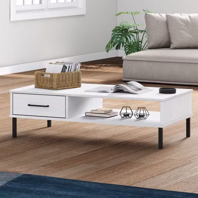 Berkfield Home Oslo Rectangular Coffee Table in White Solid Pine Wood with Metal Legs