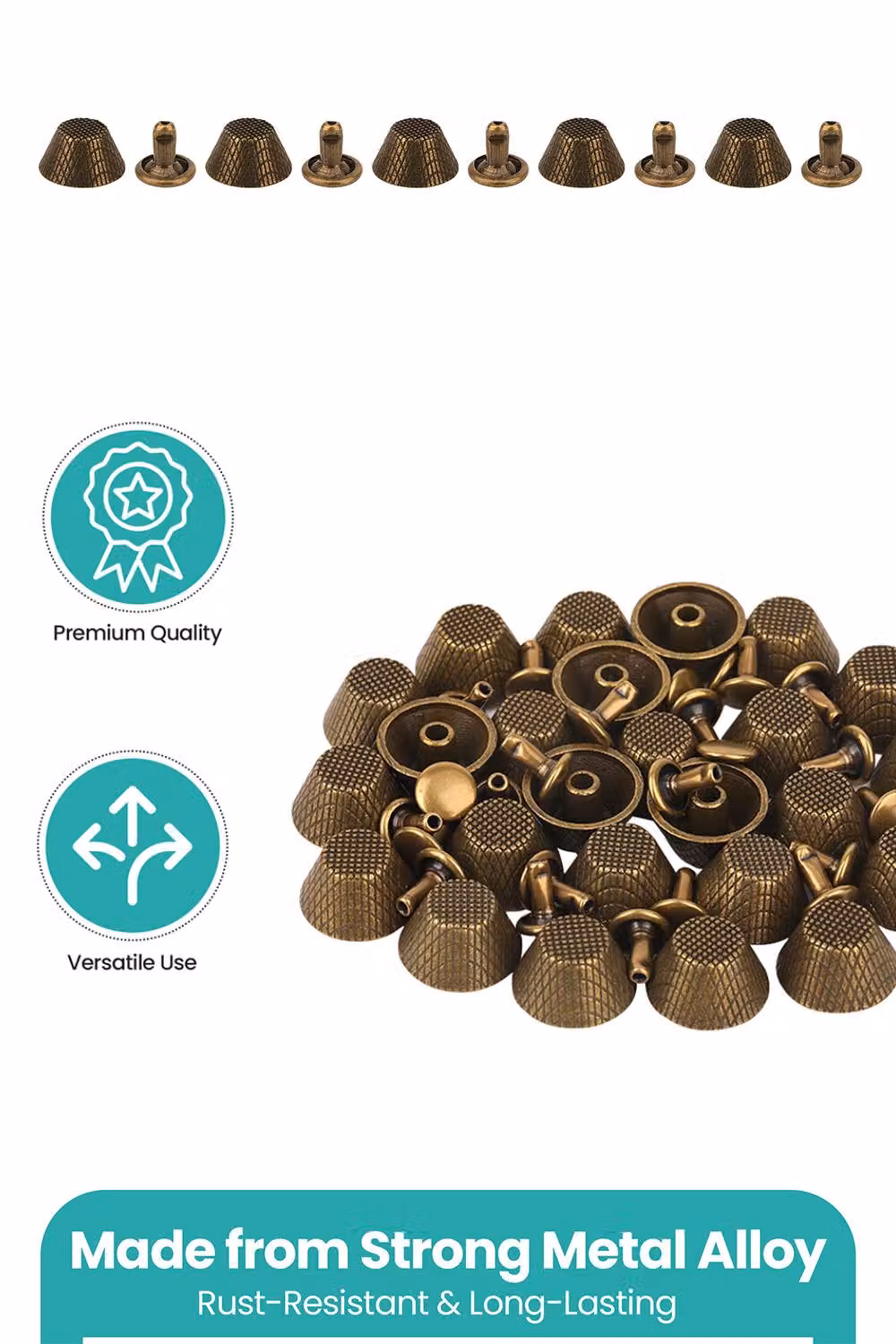 Neel Blue Etched Mushroom Bag Feet Rivets with 9mm Tubular Studs, 14mm, Bronze, 25pcs – 3