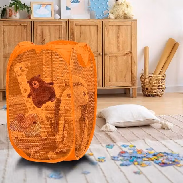ATEK Collapsible Pop Up Laundry Basket with Handles and Side Pocket in Orange – 1