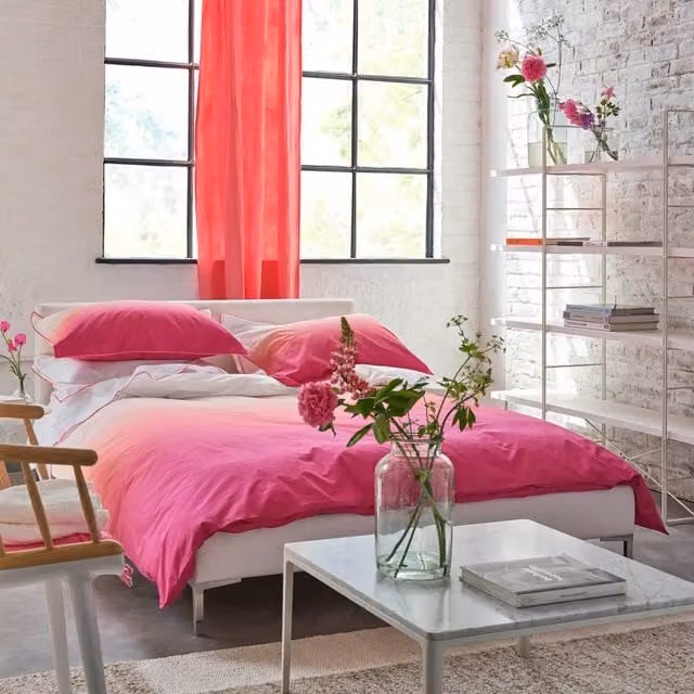 Designers Guild Savoie Cotton Percale Duvet Cover Bedding Set in Pink and White