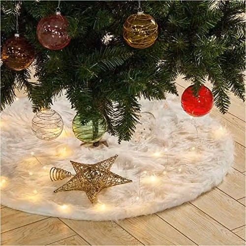 Samuel Alexander 90cm White Fur Fabric Christmas Tree Skirt with USB Powered LED Lights