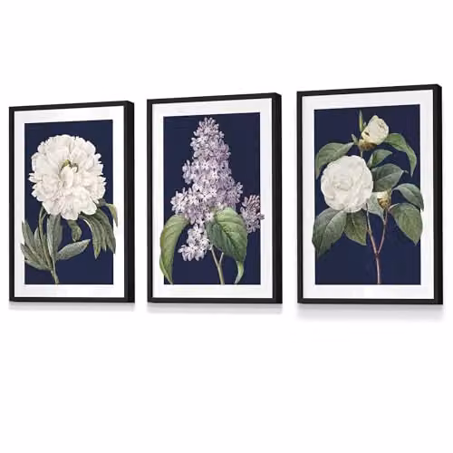 ARTZE Set of 3 Vintage Floral Paper Poster Wall Art in Navy Blue and Black, W: 45 cm, H: 62 cm, D: 2 cm – 2