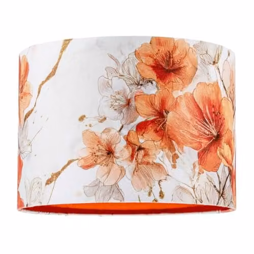 Happy Homewares Orange and Gold Floral Watercolour Fabric Cylinder Lamp Shade, W: 18 cm, H: 25 cm