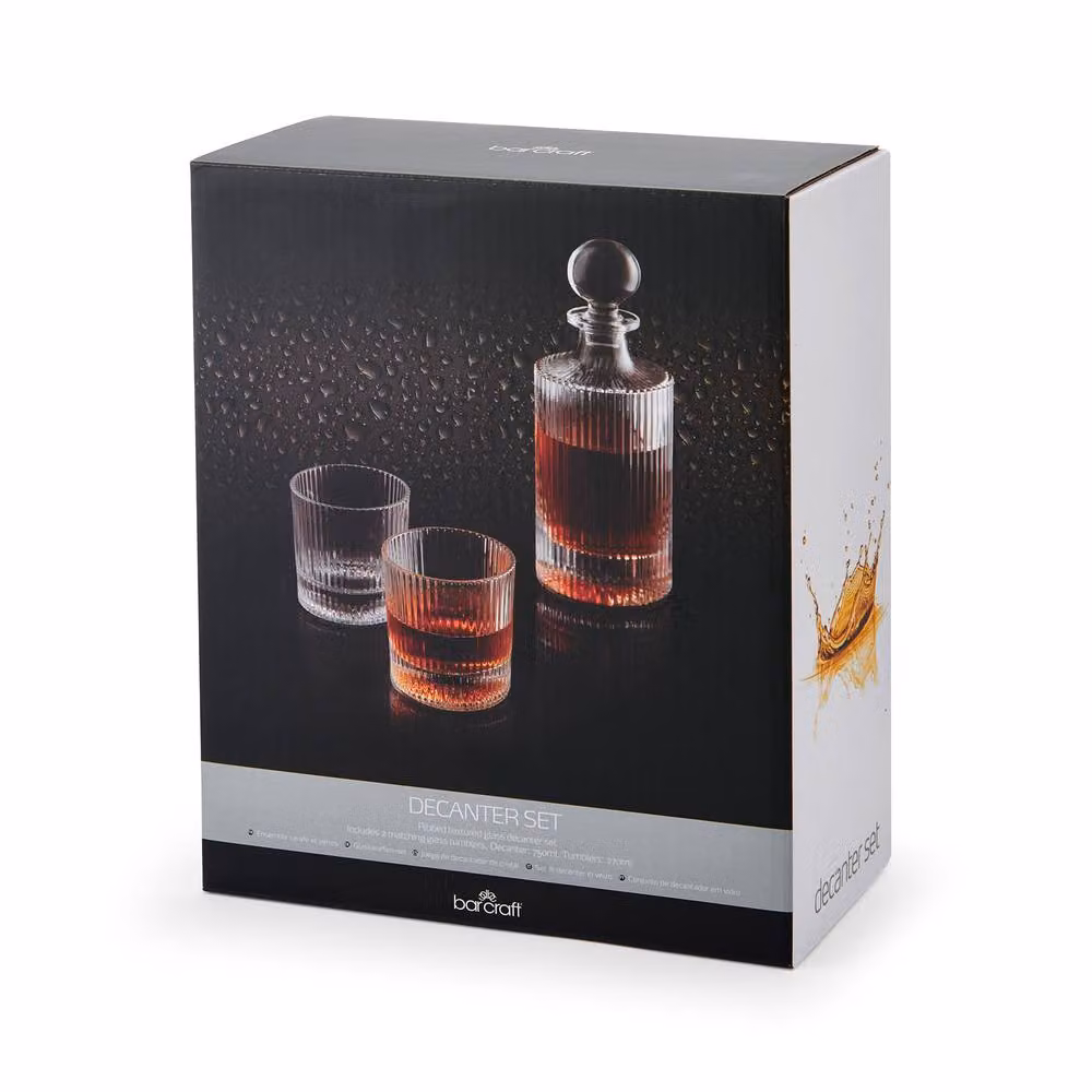 BarCraft Glass Whisky Decanter Set with 2 Tumblers, 750ml Decanter and 270ml Glasses, Transparent – 5