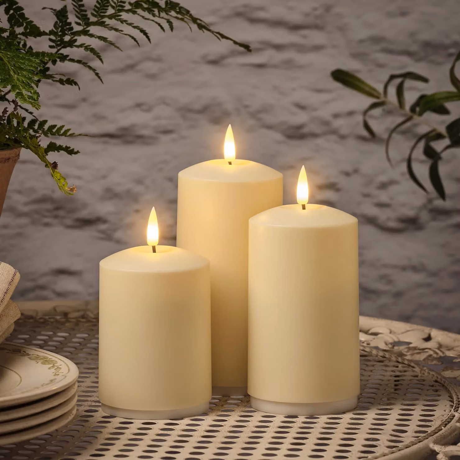 TruGlow® Rechargeable Outdoor Pillar Candle Trio in White with Remote Control, Flicker Effect and Timer