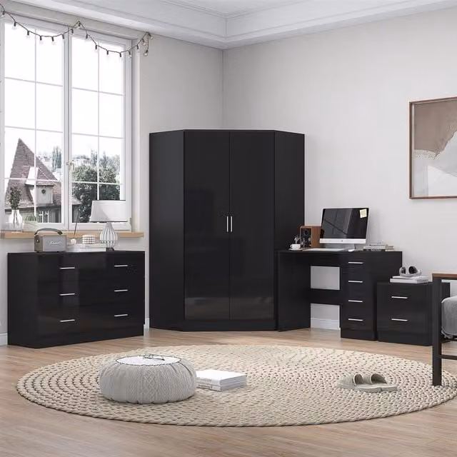 Reflect Modern Bedroom Furniture Set in Black Gloss, including Corner Wardrobe, Wide Chest, Bedside Table and Desk