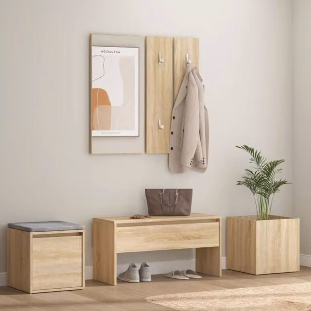 Berkfield Home Modern Hallway Furniture Set in Sonoma Oak and Beige, including Bench, Mirror and Wall Rack