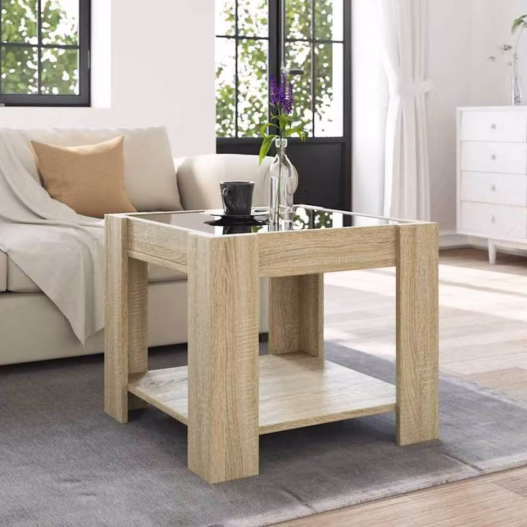 Berkfield Home Decorative LED Coffee Table in Sonoma Oak and Brown, W/D/H: 53 x 53 x 45 cm