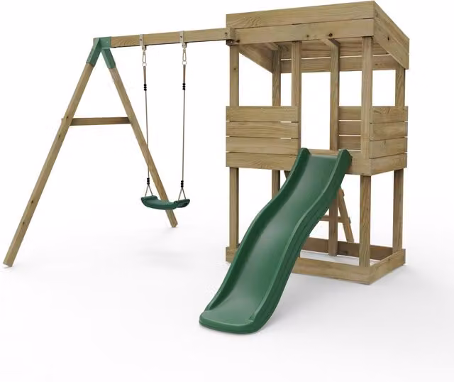 Rebo Brown Wooden Lookout Tower Playhouse with Slide, Height: 222 cm
