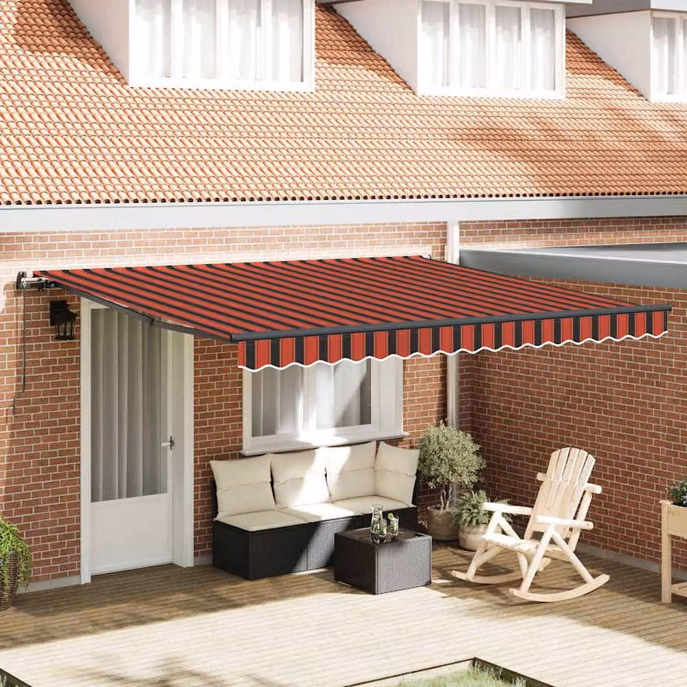 Berkfield Home Manual Retractable Folding Arm Awning in Orange and Brown Striped Polyester, W: 400 cm, D: 350 cm – 2