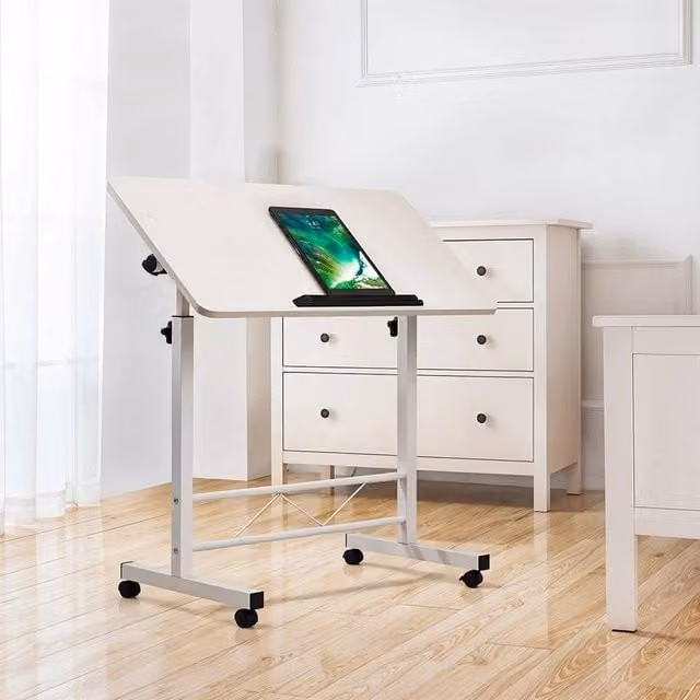 EONLION Height Adjustable Mobile Overbed Table and Computer Desk in White
