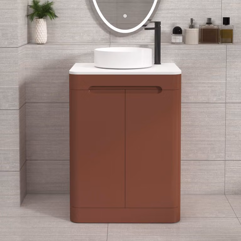 Royal Bathrooms Venice 600mm Terracotta Clay Floor Standing 2 Door Vanity Unit with Plain White Worktop and Art Basin