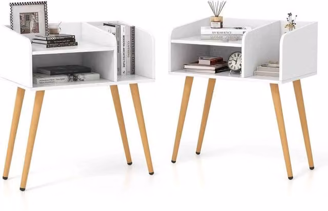 Havendro Set of 2 White 2-Tier Mid-Century Bedside Tables with Metal Legs