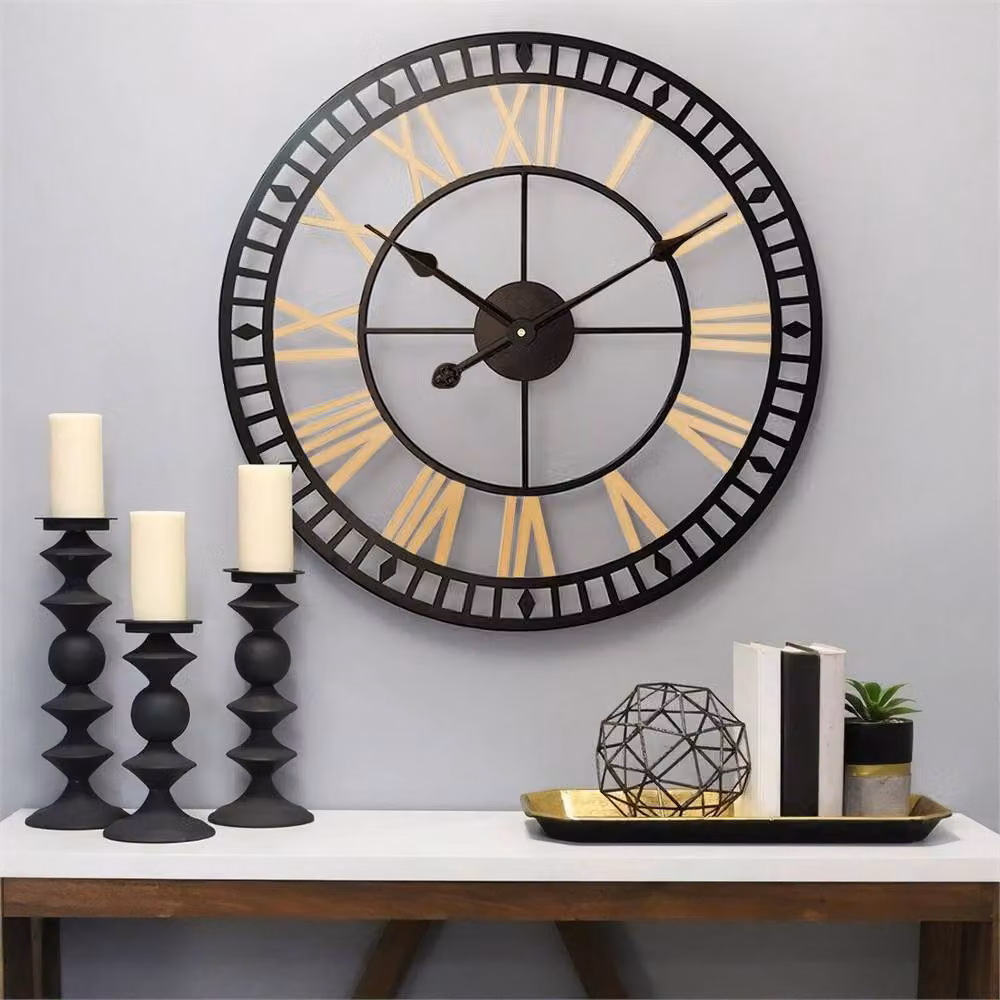 PAWNORA Retro Round Metal Outdoor Garden Wall Clock in Black and Gold – 4