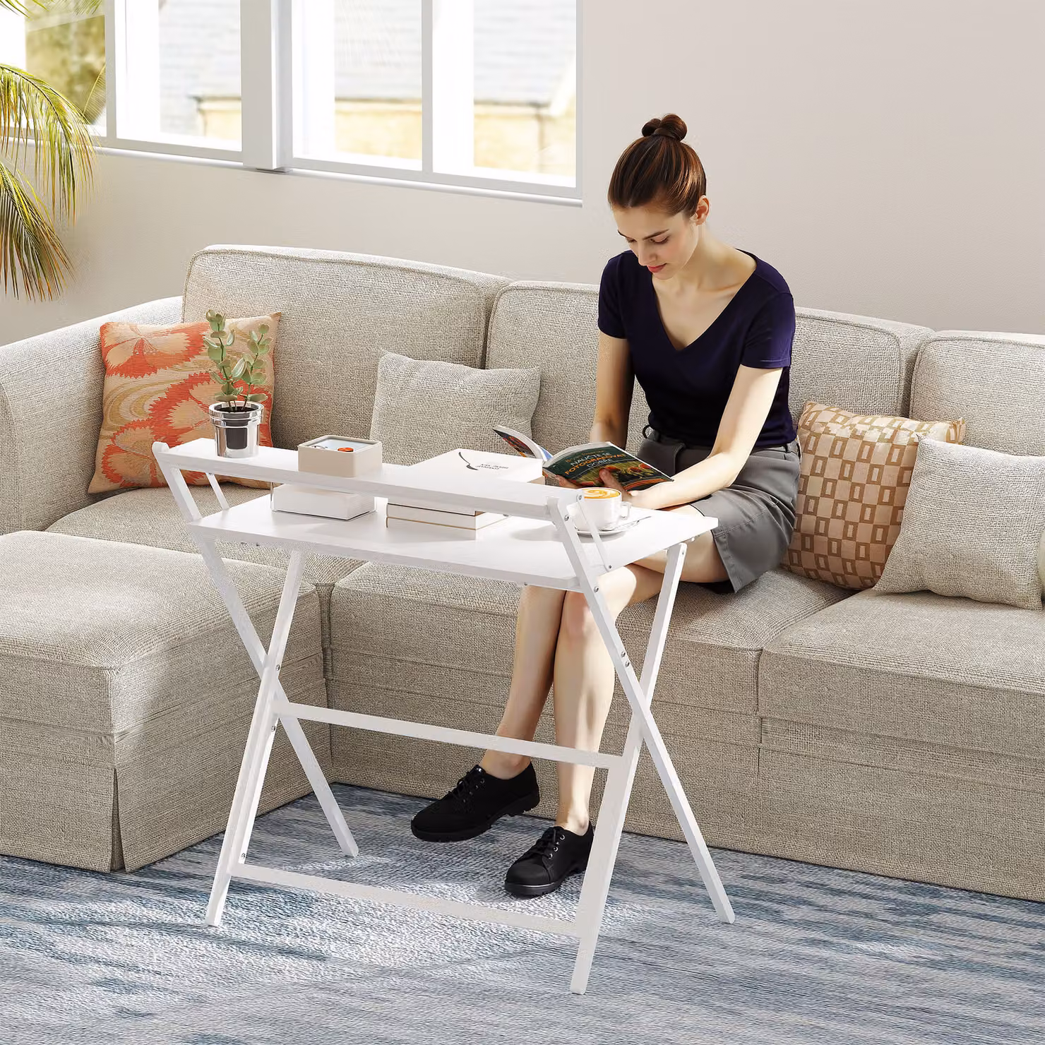 HOMCOM White Folding Computer Desk with Monitor Shelf – 6