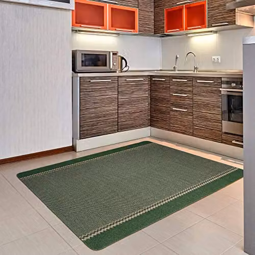 THE RUGS Green, Beige and Black Bordered Design Machine Washable Non-Slip Rectangular Area Rug, W: 67 cm, L: 180 cm – 3