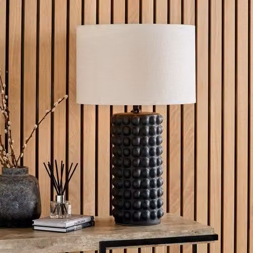 Ruma Bobbled Ceramic Tall Table Lamp with Black Fabric Drum Shade
