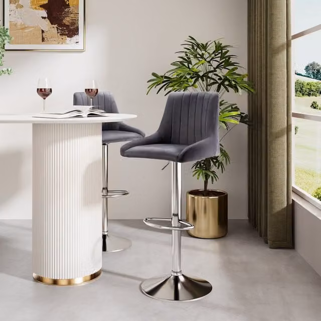 Spinningfield Set of 2 Grey Velvet Gas Lift Adjustable Height Bar Stools with Metal Frames – 1