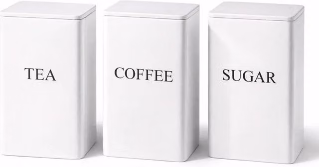 Kelvenix White Tea Coffee and Sugar Canister Set of 3 in White Metal