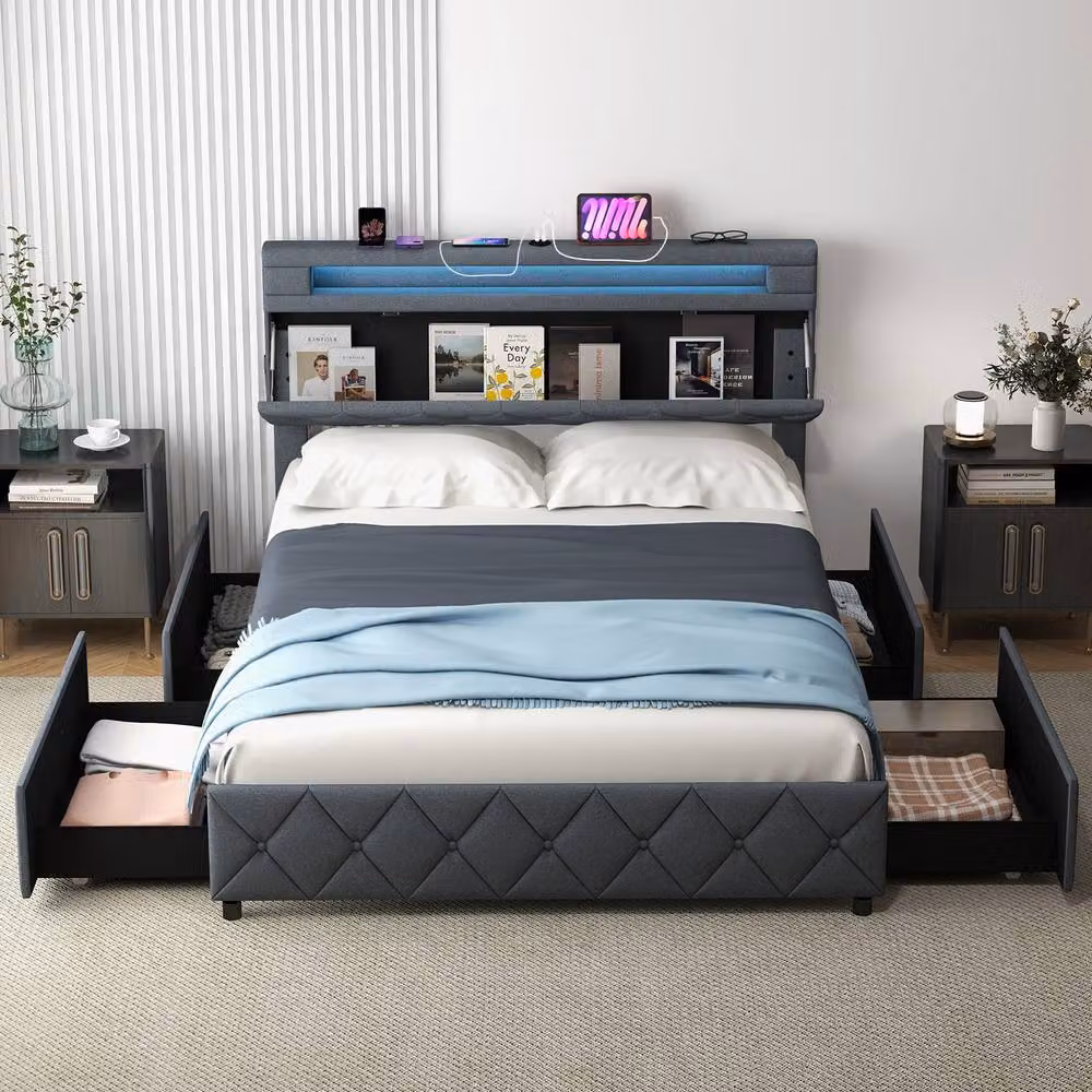 Costway Double Size Upholstered Bed Frame in Grey with LED Lights, USB Charging Port and Drawers, W/D/H: 140 x 200 cm – 8