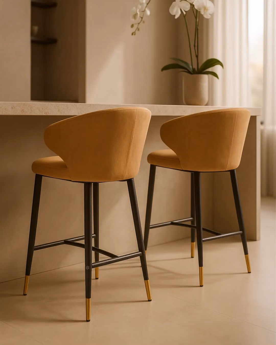 Bellroy Barstool by Tommy Franks in Vintage Eco Pelle Honey with Leather and Metal Upholstered Frame, H: 70.0 cm, W: 53.0 cm, D: 56.5 cm