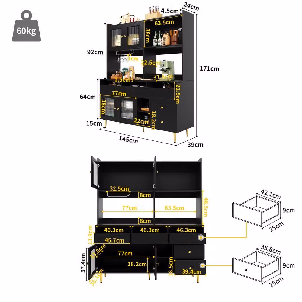 BTM Modern Black Multi-Purpose Storage Cabinet with Glass Doors, Bottle Rack and Glass Holder, H 171 x W 72.6 x D 39 cm – 3