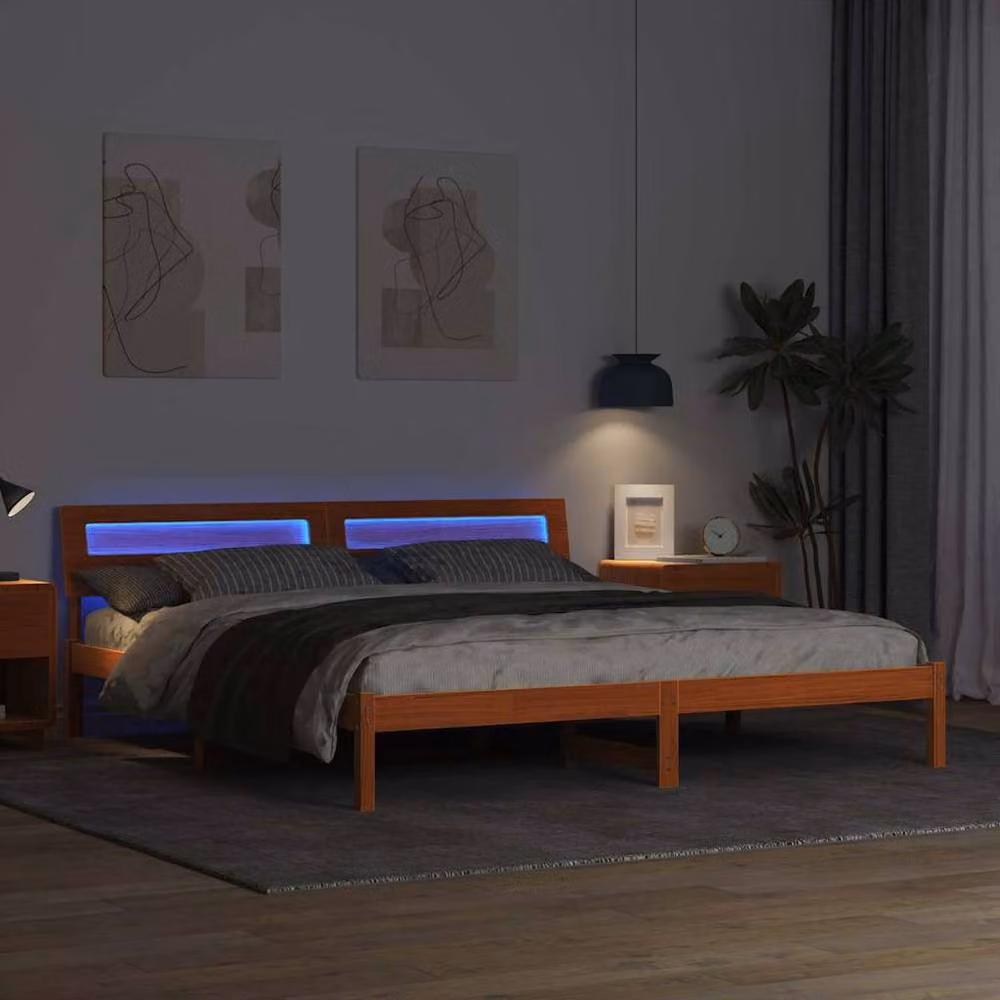 Berkfield Home Modern Wood Bed with LED Strip Lights and Headboard in Brown, 200 x 200 cm – 3