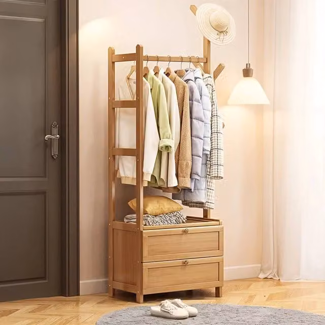 KORVIXA Bamboo Clothes Rail Rack in Brown, W/D/H: 50 x 50 x 161 cm – 1