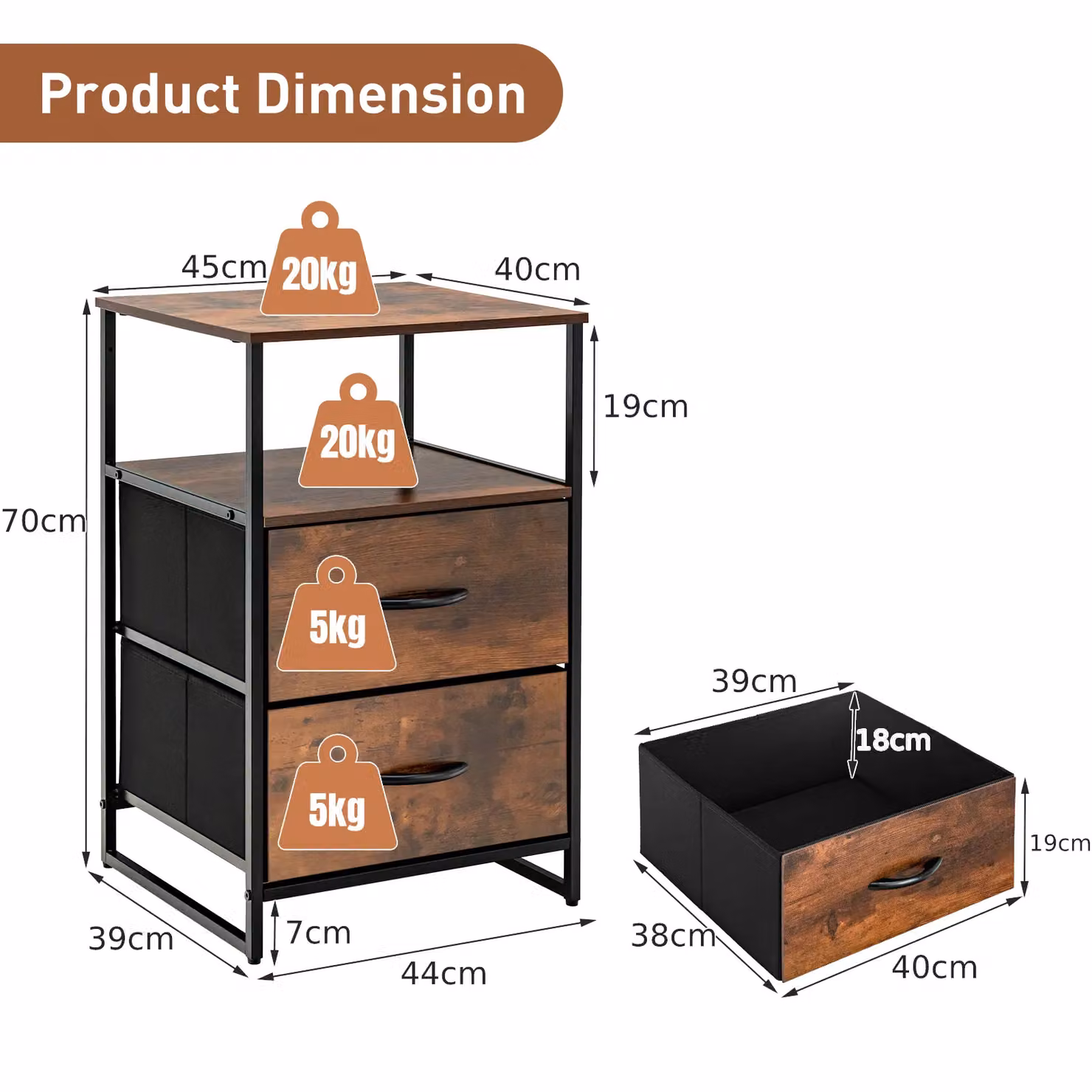 Costway Industrial 2-Drawer Storage Cabinet Dresser with Removable Fabric Drawers in Brown – 2