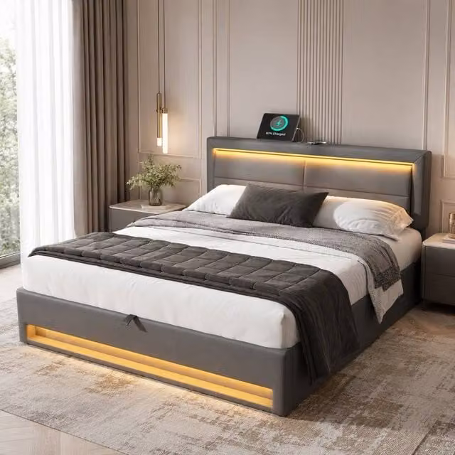 STILVORA Grey Upholstered Double Bed with USB Charging Ports, LED Lighting and Lift-Up Storage Base, W: 135 cm, L: 190 cm