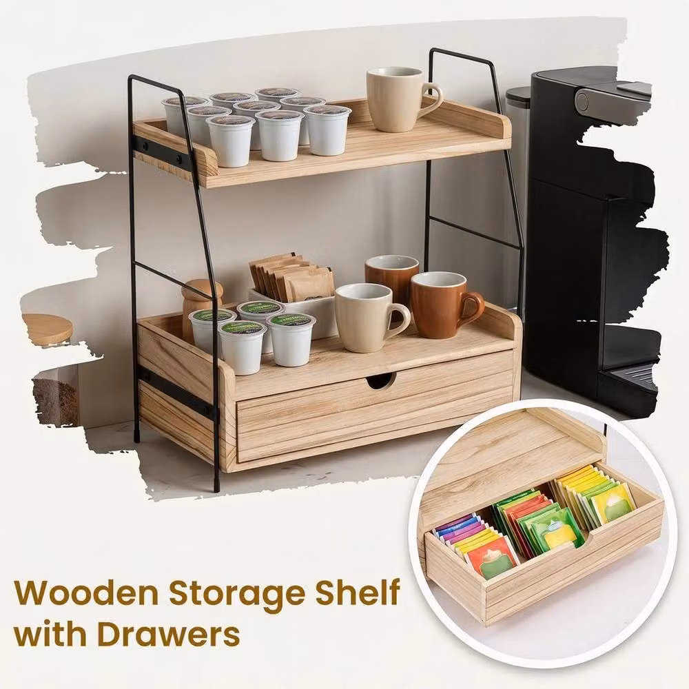 Kelvenix Natural Wood Coffee Station Organiser with Coffee Pod Holder Drawer in Brown – 2
