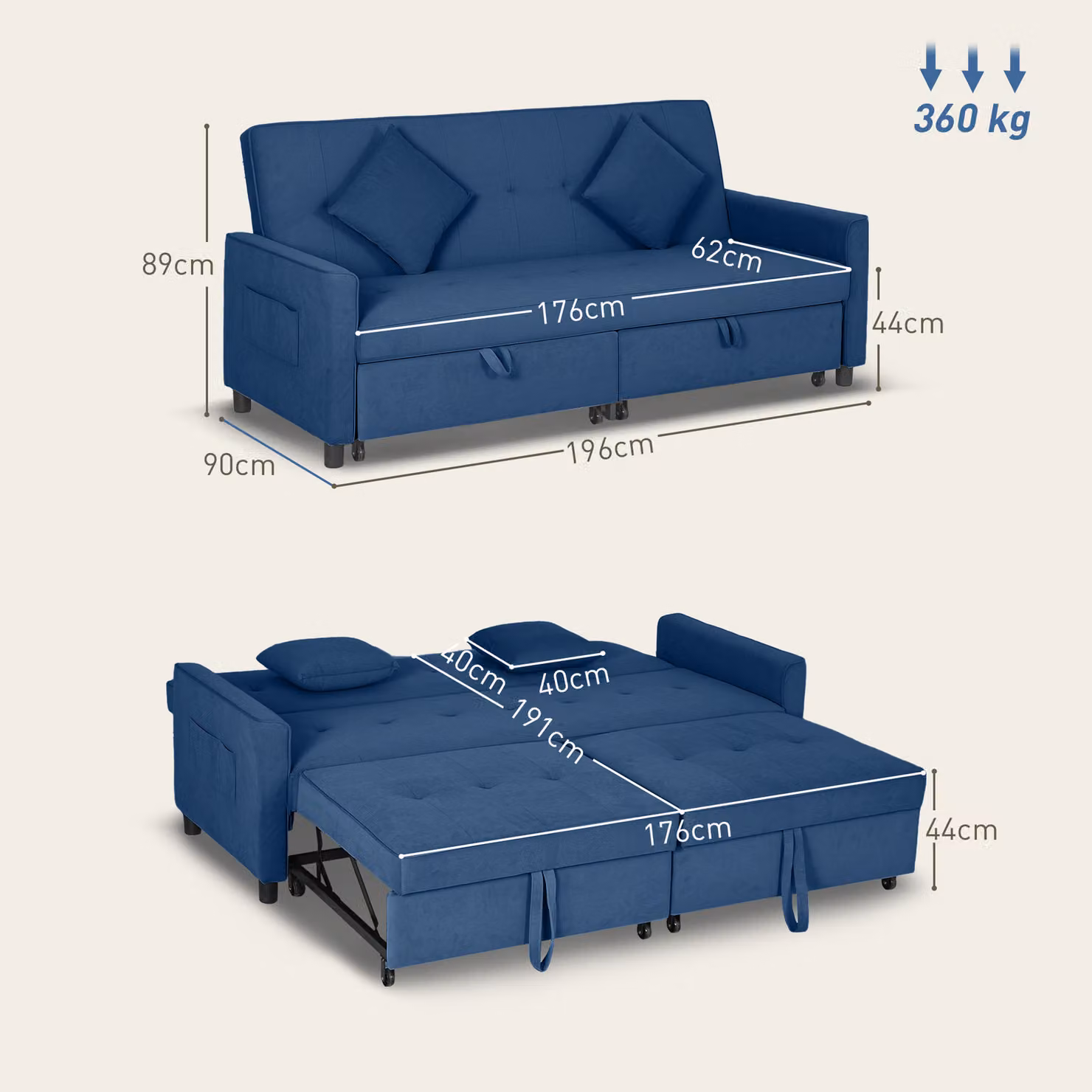 HOMCOM Three-Person Blue Velvet Click-Clack Sofa Bed with Solid Wood Frame and Scatter Cushions – 3