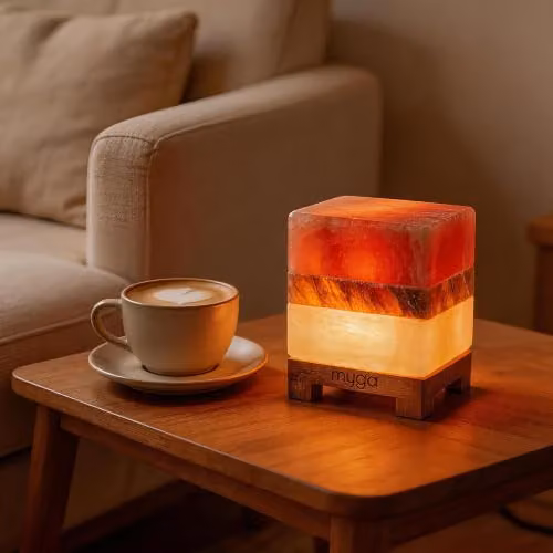 Myga Cube Himalayan Salt Lamp in Orange with Wooden Base – 2