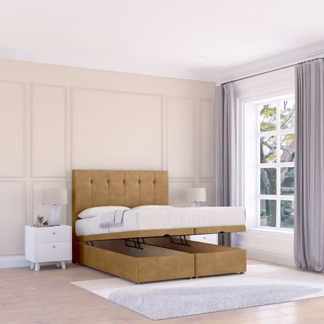Sloomy Highbury King Size Ottoman Bed with 26 Inch Strut Headboard and Sprung Memory Mattress in Light Brown