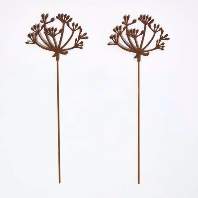 Homescapes Steel Cow Parsley Garden Stake Decorations, Set of 2, Brown
