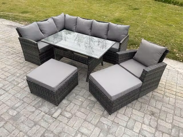 Fimous 9 Seater Outdoor Rattan Garden Furniture Set with Rectangular Dining Table, Armchairs and Footstools in Dark Grey